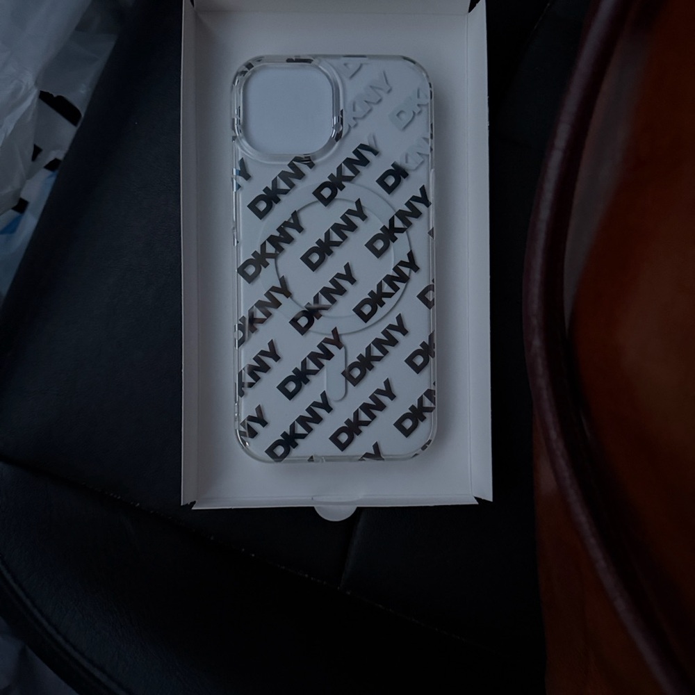DKNY Transparent iPhone Case 13/14/15 with Black Logo Pattern